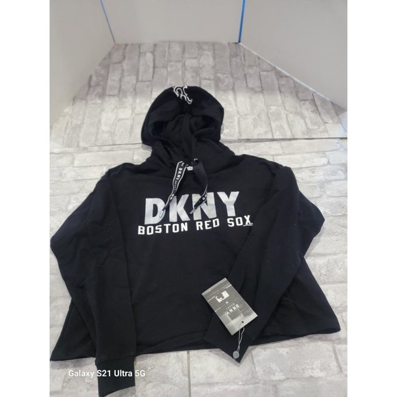 Boston Red Sox MLB DKNY Sport Pullover Drawstring Crop Hoodie Black‎ Women Large - Picture 2 of 9